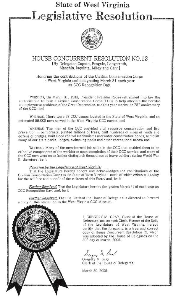 West Virginia Legislative Resolution declaring March 31 each year as CCC Recognition Day.
